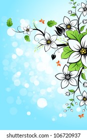Blue Background with Flowers and  Butterfly