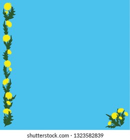 Blue background with flowers and leaves of dandelion