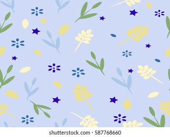Blue background with flowers and leaves and stars. Vector illustration.