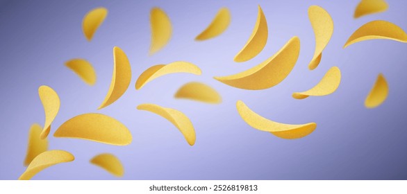 Blue background with flying crisp potato chips. Realistic 3d vector illustration with splash of fried or baked wavy slices salty spicy crispy snack. Crunchy cooked golden vegetable root pieces.