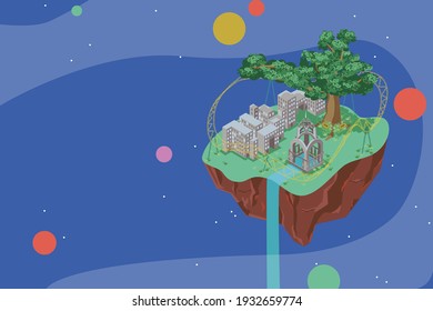 Blue background with flying in the space island with Kharkiv (Ukraine) attractions on it such as state industry, Mirror Stream and old oak with free room for your text