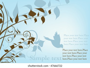 blue background with foliage and dove