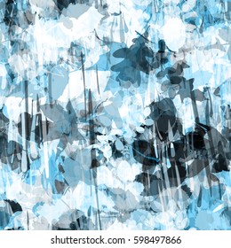 Blue background with foliage and spots. Oak leaves, birch, alder, beech, maple, aspen. The leaves of trees and shrubs. Seamless floral pattern. Watercolor effect. Transparency. Overlay. Overlap