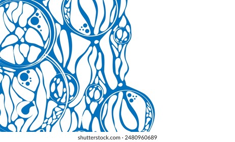 Blue background frame. Design plex of chaotic circles, spheres, lines. Neurotrophic texture of network. Cosmic pattern. Poster presentations, business, science, computer screensaver. Vector