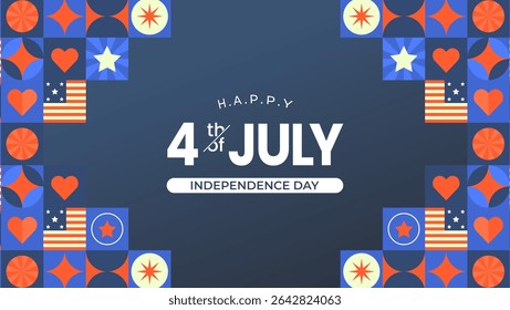 Blue background frame featuring patriotic symbols like flags, stars, and hearts. Perfect for Independence Day festivities, holiday promotions, or American themed designs and national pride.