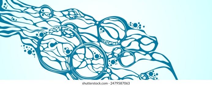 Blue background frame. Neurotrophic texture of network. Design plex of chaotic circles, spheres, lines.  Cosmic pattern. Poster presentations, business, science, computer screensaver. Vector