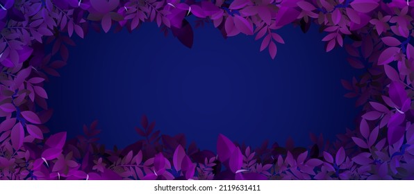 Blue background with frame of purple leaves. Night jungle or summer forest design. Vector poster with border of cartoon foliage in neon colors and copy space in center