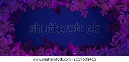 Blue background with frame of purple leaves. Night jungle or summer forest design. Vector poster with border of cartoon foliage in neon colors and copy space in center