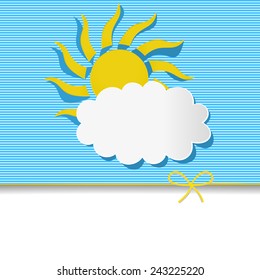 blue background with a frame in the shape of a cloud and sun
