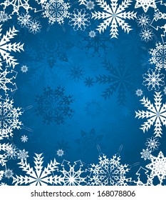 Blue background with frame from of snowflakes. Vector illustration