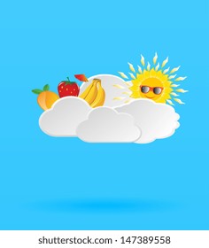 Blue background with fruits and sun in the clouds for your ideas. EPS 10