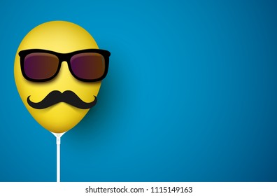 Blue background with funny yellow realistic 3d balloon with mustache in sunglasses. Vector illustration.