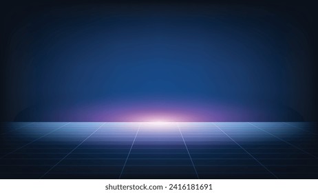 fondo azul con línea de cuadrícula futurista e iluminación rosa brillando con espacio en blanco 