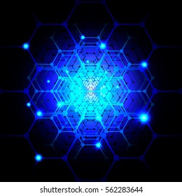 Blue Background of futuristic surface with hexagons. Futuristic Blue Hexagon.