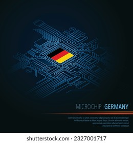 Blue background with Germany flag microchip and perspective electric circuit board silhouette. Electronic technology boardwith cpu made in German