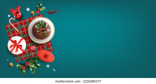 Fondo azul con cajas de regalo y pudín de Navidad en el tartán. Diseño navideño de invierno para carteles, publicidad, volante, tarjetas, saludo, invitación, etc.