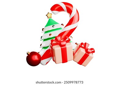 Blue background with gift boxes, Christmas tree and candy cane. Christmas holiday decorations. 3D illustration.