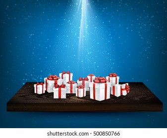 Blue background with gift boxes on wooden shelf. Vector illustration.