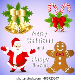Blue background with gingerbread and bells and Santa and holly