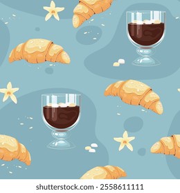 Blue background with a glass of hot chocolate, croissants and vanilla flowers. Vector