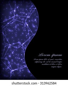 Blue background with glittering hexagons and sparkles. Vector background for flyer, blank, card, banner, invitation, brochure cover design template.
