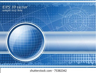 Blue background with globe and compass rose. Vector poster