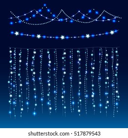 Blue background with glowing christmas lights set. Vector illustration. Create your own christmas backgrounds and greeting cards.