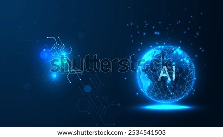 Blue background with glowing globe, globe in futuristic technology