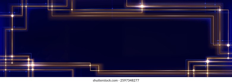Blue background with glowing gold geometric lines - bright illuminated connection points on abstract digital pattern. Luminous network design for awards certificate or product presentation visuals.
