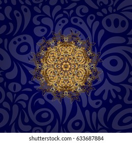 Blue background with gold ornament mandala, based on ancient greek and islamic ornaments. For wedding invitation, book cover or flyer.