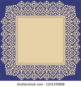 Blue background with gold pattern in east style. Vector retro illustration. Frame with Islam, Arabic, Indian, ottoman motifs. Perfect for printing on fabric or paper for tablecloth, napkin.  