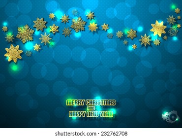 Blue background with gold snowflakes and inscription Merry Christmas and Happy New Year