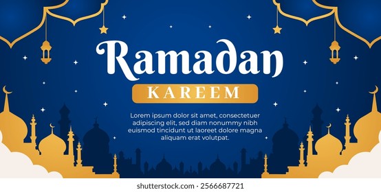 A blue background with gold stars and a banner that says Ramadan Kareem