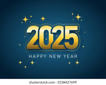 A blue background with Golden 2025 Happy New Year Greetings card with Stars