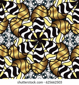 Blue background with golden elements. Metal with floral pattern. Vector golden floral ornament brocade textile pattern. Golden pattern.