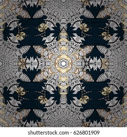 Blue background with golden elements. Metal with floral pattern. Vector golden floral ornament brocade textile pattern. Golden pattern.