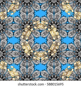Blue background with golden elements. Seamless oriental ornament in the style of baroque. Traditional classic vector golden seamless pattern.