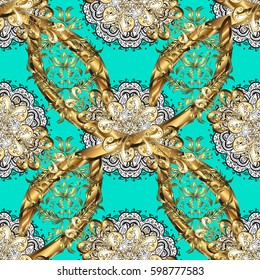 Blue background with golden elements. Seamless oriental ornament in the style of baroque. Traditional classic vector golden seamless pattern.