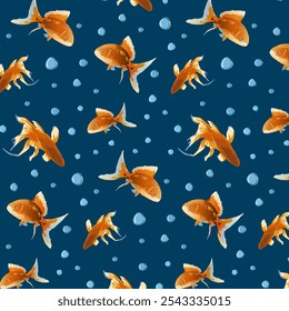 Blue background with goldfish.Vector seamless pattern with goldfish on a blue background with bubbles.