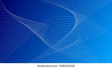 blue background with gradient and with a bundle of thin white lines folded on itself to create an abstract shape that recalls that of a fish