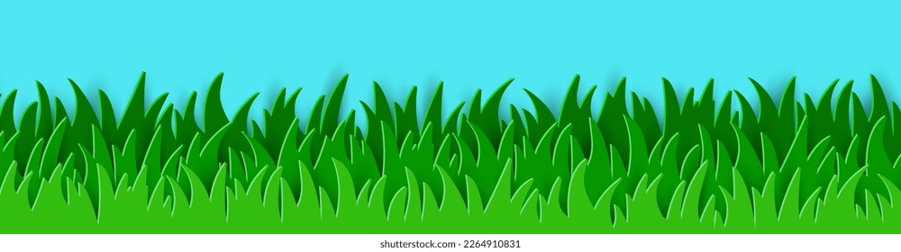 Blue background with green grass field. Paper cut design. Banner. Vector illustration