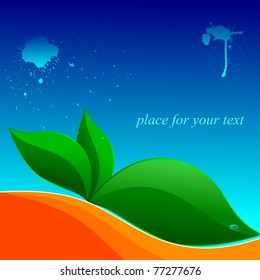blue background with green leaves and blots
