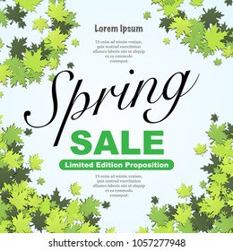 Blue background with green leaves and sample spring sale text