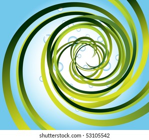 Blue background with green spiral and drops of water, vector