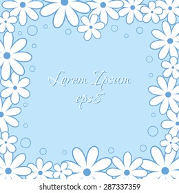 Blue background, greeting card with white daisies
