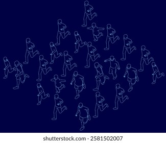 A blue background with a group of people running. The people are in different positions and some are closer to the camera than others. Isometric view