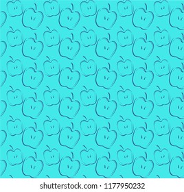 Blue background with hand drawn objects. Seamless pattern of apples.To be use for design textile,wallpaper for children room,kitchen, wrapping paper, t hirt material.Relief.