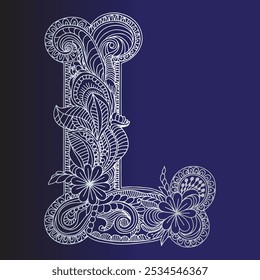 fundo azul com uma mão desenhada ornate letra L no estilo doodle