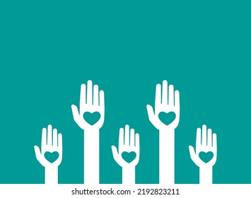Blue background with hands holding hearts. charity, philanthropy, support, giving, help, love concept. Flat vector illustration. 
