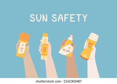 Fondo azul con las manos sosteniendo el protector solar con spf. Ilustración cosmética de verano en estilo plano. Productos UV de cuidado de la piel de colección: tubo, loción, spray y gel. Vector